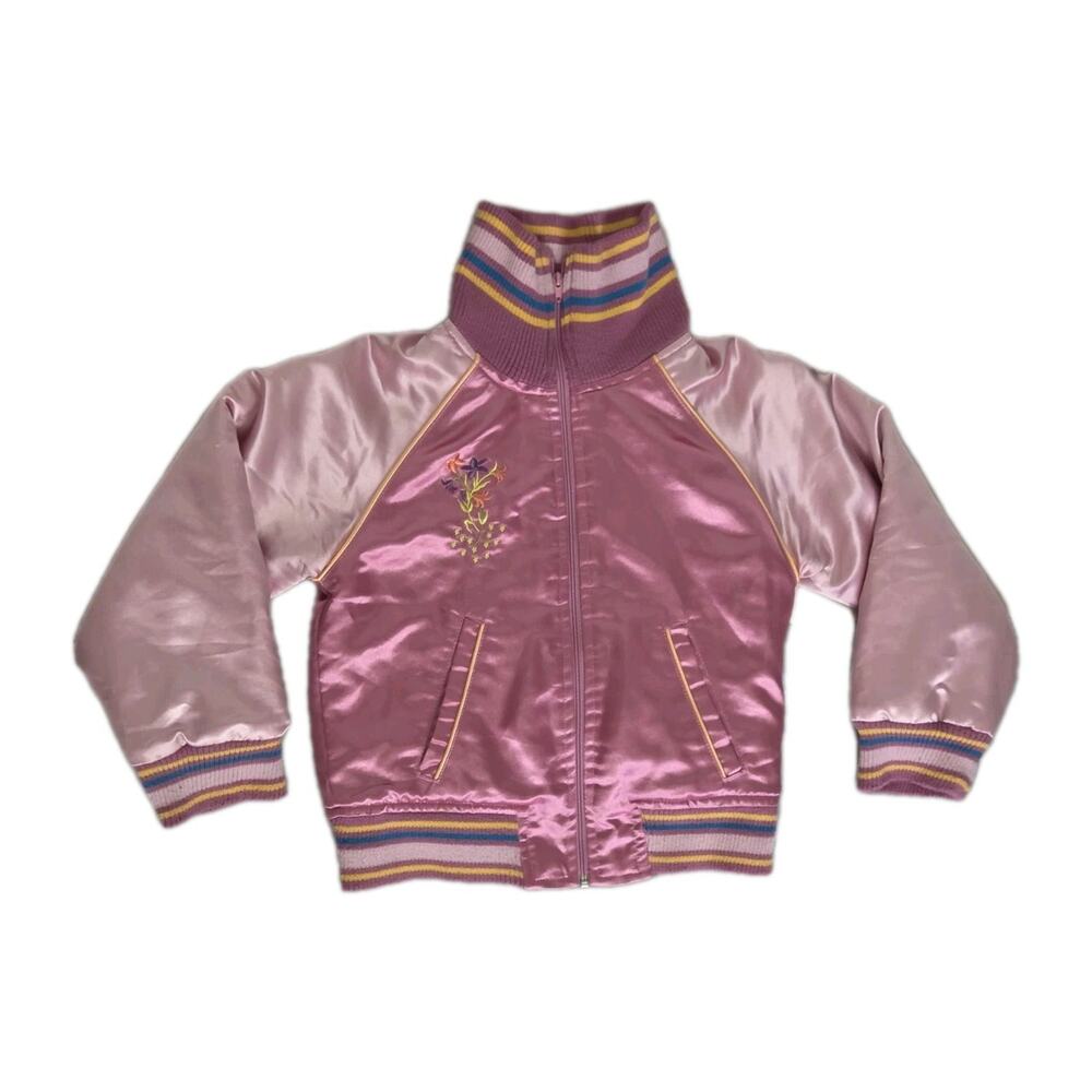 Disney Girls Tinker Bell Pink Satin Bomber Jacket Embroidered Full Zip Sz S